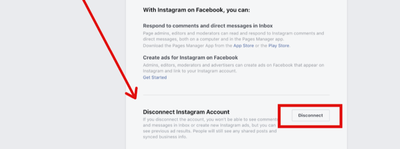 steg 2 för att koppla bort Instagram-kontot i inställningarna för Facebook-sidan