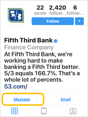Instagram-profil för bank med meddelande-uppmaning-knapp.