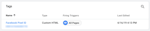 Använd Google Tag Manager med Facebook, steg 7, se taggen uppkallad efter din Facebook Pixel