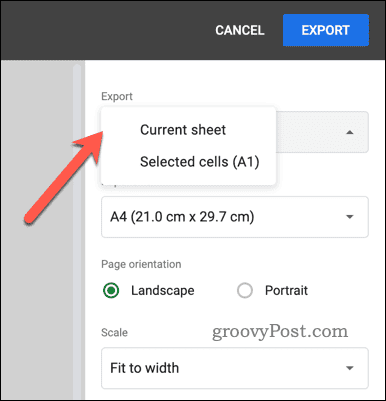 Välja exportalternativet för PDF-export i Google Sheets