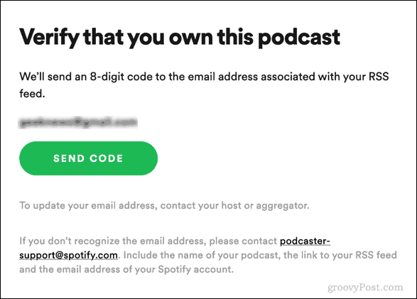 skicka verifieringskod för spotify podcast
