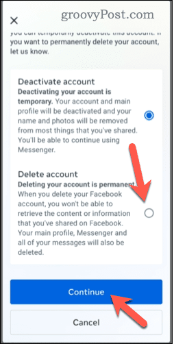 Att välja att ta bort ett Facebook-konto på mobilen