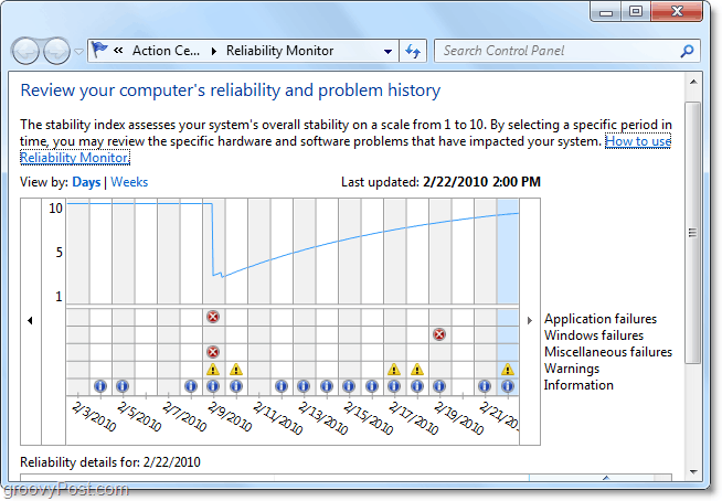 hitta när ett problem i Windows 7 först börjar med att titta på datumen