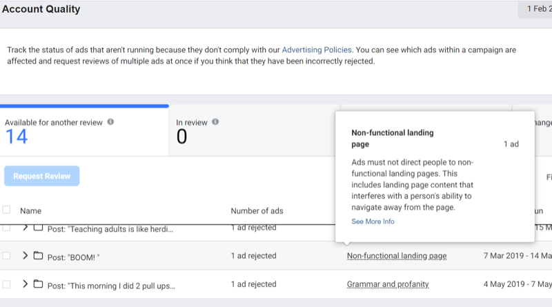 steg 3 om hur du använder Facebook Account Quality Tool