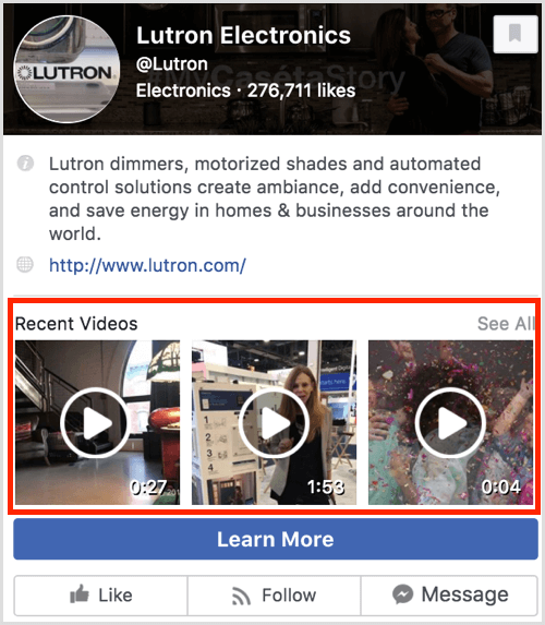 En förhandsgranskning av Facebook-sidan som visar senaste videor.