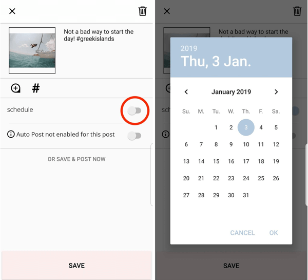 För att schemalägga ditt inlägg via Planoly, tryck på alternativet för att schemalägga och välj datum och tid.