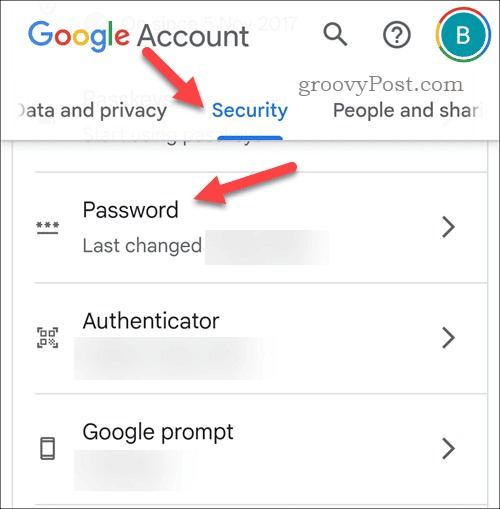 Öppna lösenordsinställningarna för Google-kontot