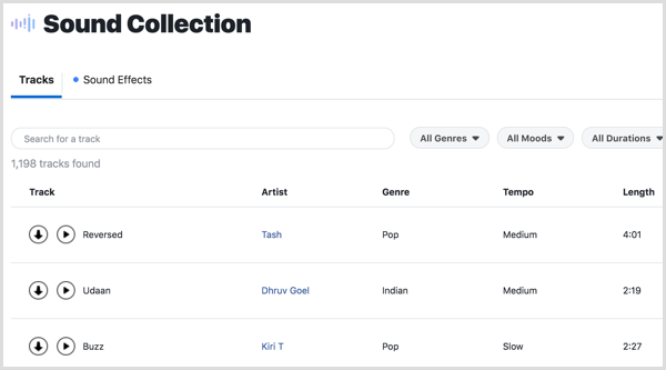 Ladda ner musikspår och ljudeffekter i Facebook Sound Collection.