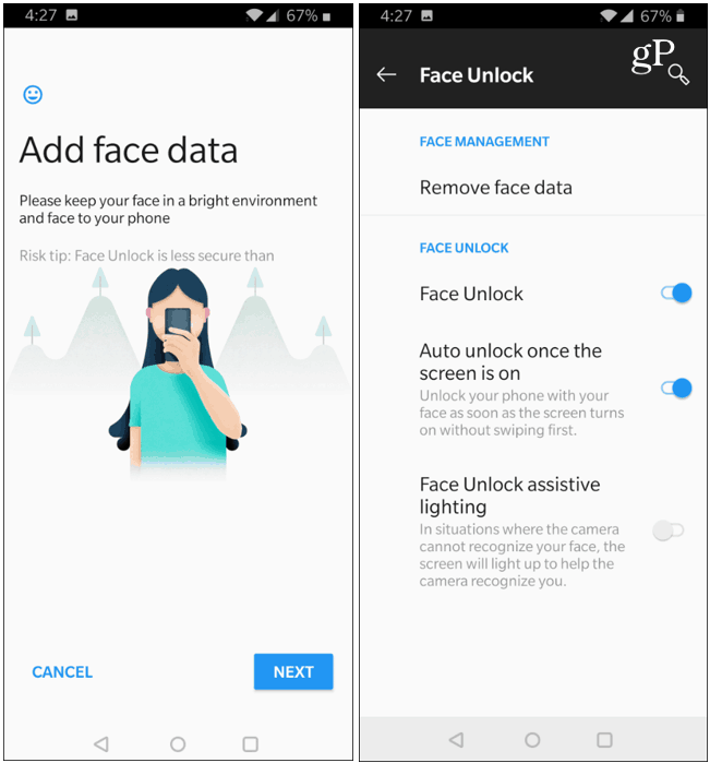 Ansiktslåsning av data OnePlus 6T