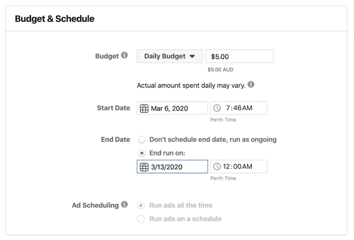 Budget & Schema-avsnitt på annonsuppsättningsnivå i Facebook Ads Manager