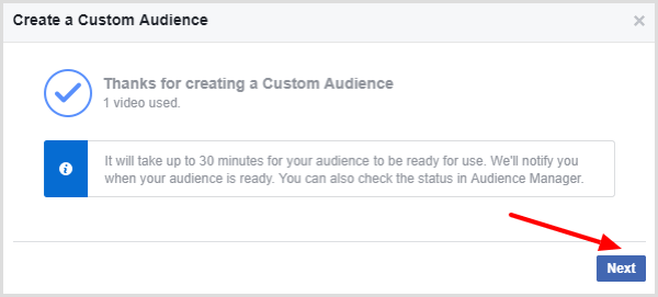 Facebook visar ett meddelande som bekräftar att din anpassade publik är klar.