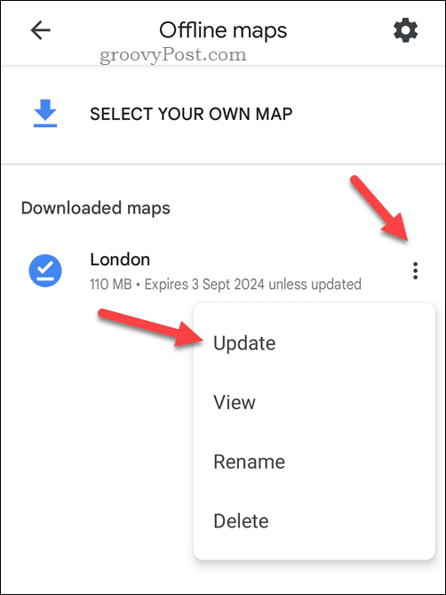 Uppdatera en offlinekarta från Google Maps
