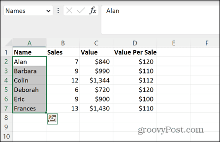 excel valt namngivna intervall