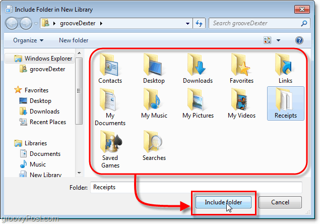 välj en mapp som ska inkluderas i Windows 7-bibliotek