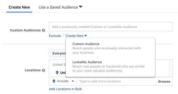 Alternativ för att använda en anpassad målgrupp eller liknande publik för en Facebook-leadannonskampanj.