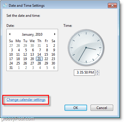 Windows 7-skärmdump - ändra kalenderinställningarna