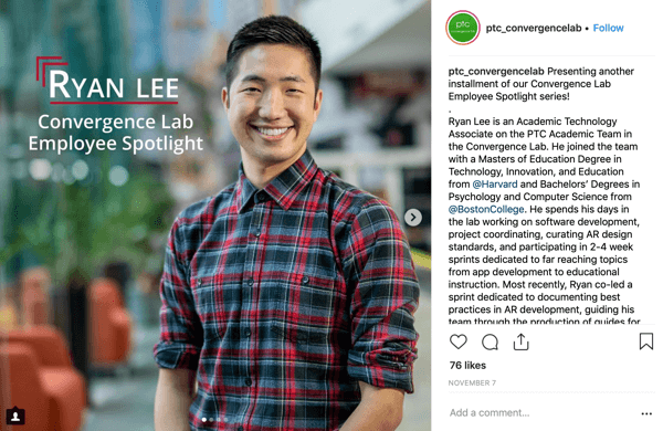 Exempel på anställds spotlight Instagram-inlägg av PTC Convergence Lab.