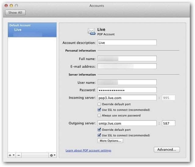 Microsoft Outlook Mac 2011: Konfigurera Windows Live Mail med POP3