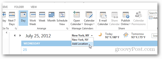 Outlook 2013-kalendervädertur - Klicka på Lägg till plats