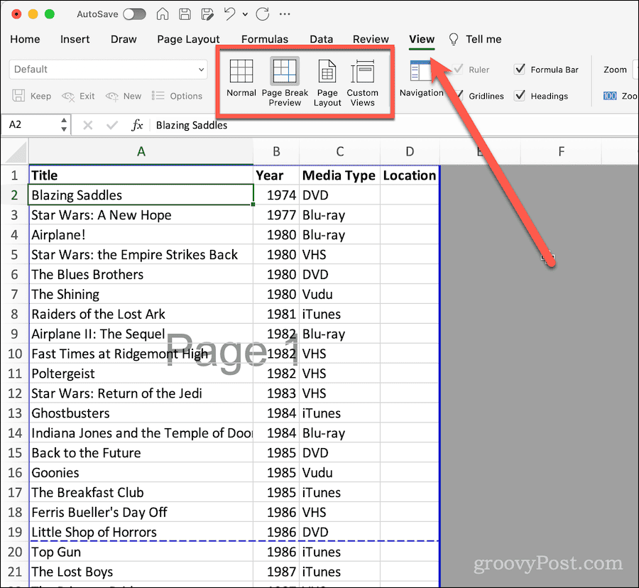 Visa menyfliksområdet i Excel