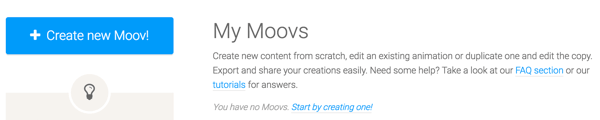 Klicka på knappen Skapa ny Moov för att komma igång med Moovly.