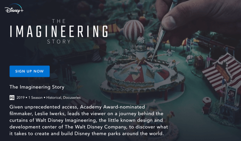 Disney + webbsida för The Imagineering Story