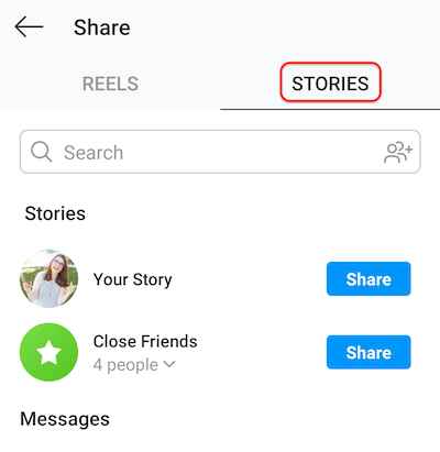 skärmdump av instagramskärmen för instagram som visar fliken berättelser så att rullar kan delas till din berättelse eller nära vänlistan