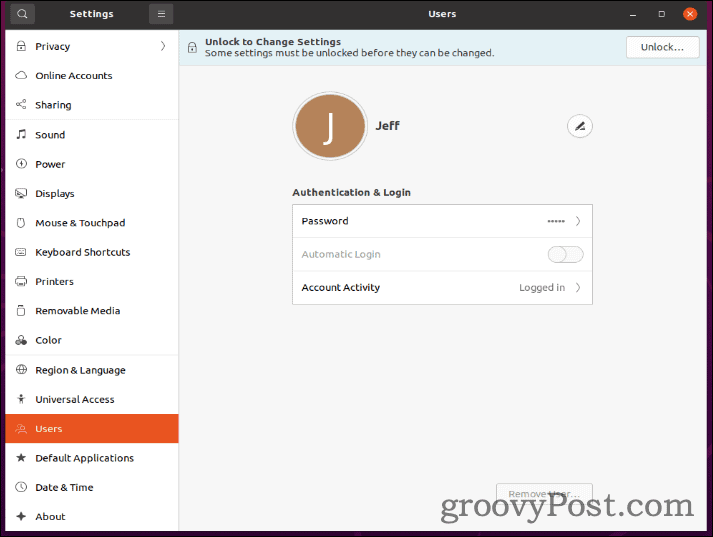 Ubuntu-användare i Inställningar