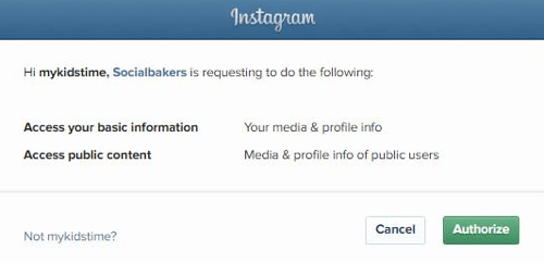 Auktorisera Socialbakers att komma åt din Instagram-kontoinformation.