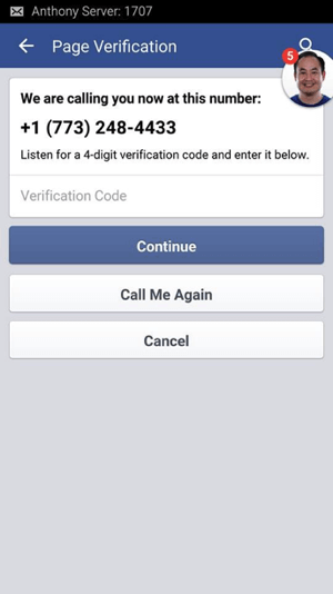 Vänta på samtalet från Facebook och skriv ner den fyrsiffriga verifieringskoden du får.