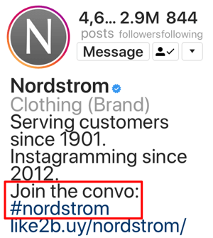 Exempel på korrekt hashtag-användning i en Instagram-bio.