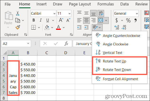 Rotera text uppåt eller nedåt i Excel