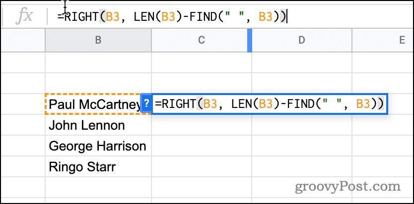 En formel som använder RIGHT i Google Sheets