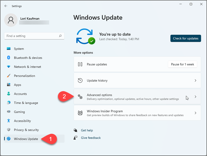 Gå till Windows Update> Avancerade alternativ i Windows 11 Inställningar