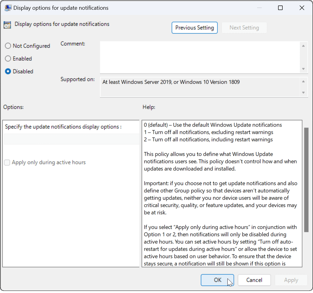 Inaktivera uppdateringsmeddelanden på Windows 11