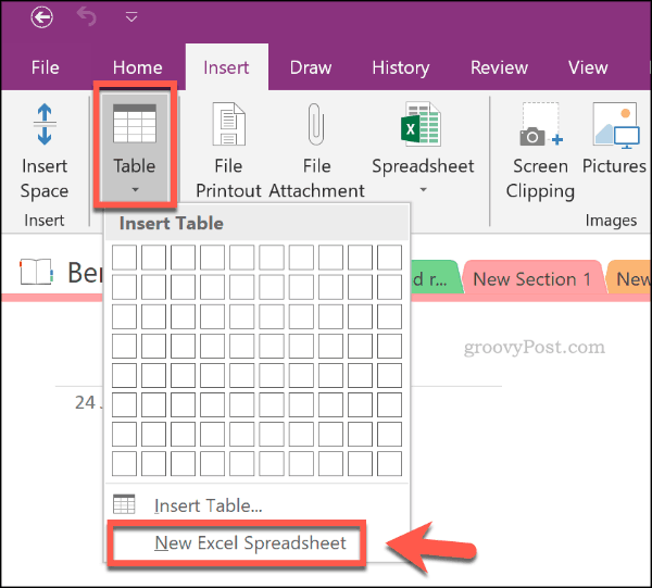 Sätt i ett nytt Excel-kalkylblad i OneNote