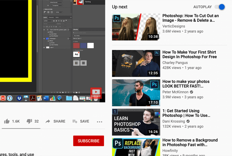 youtube-videoklippskärm som visar autoplay-videor på höger sida av skärmen, rekommenderas av youtube baserat på vad man tittar på