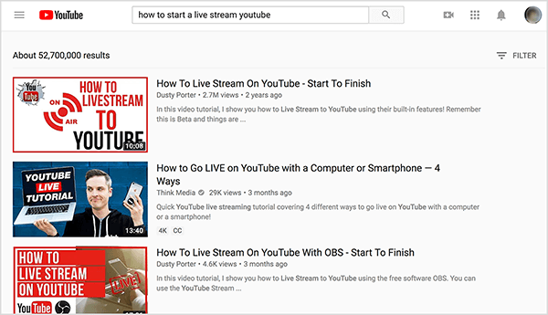 Sök på YouTube efter "hur man startar en livestream youtube" och de bästa sökresultaten visar två videor av Dusty Porter.