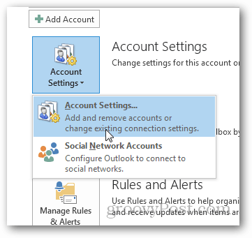 hur man skapar pst-fil för Outlook 2013 - klicka på kontoinställningar