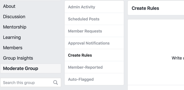 Hur du förbättrar din Facebook-gruppgemenskap, Facebook-menyalternativ för att skapa regler för att moderera din grupp