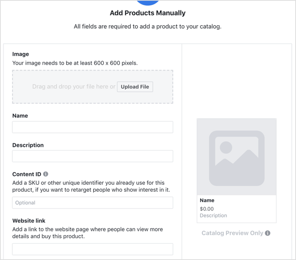 Ange information för att lägga till en produkt i din Facebook-katalog.