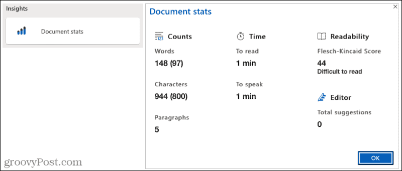 Microsoft Editor Dokumentstatistik