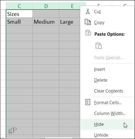 Dölj kolumngenväg i Excel i Windows