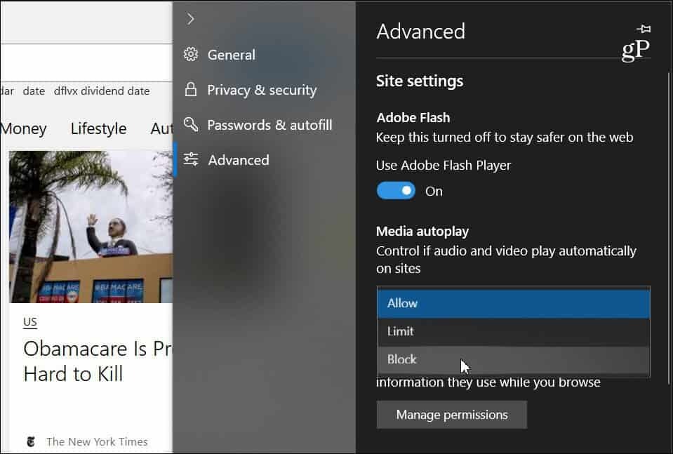 Edge Advanced Settings Media Autoplay