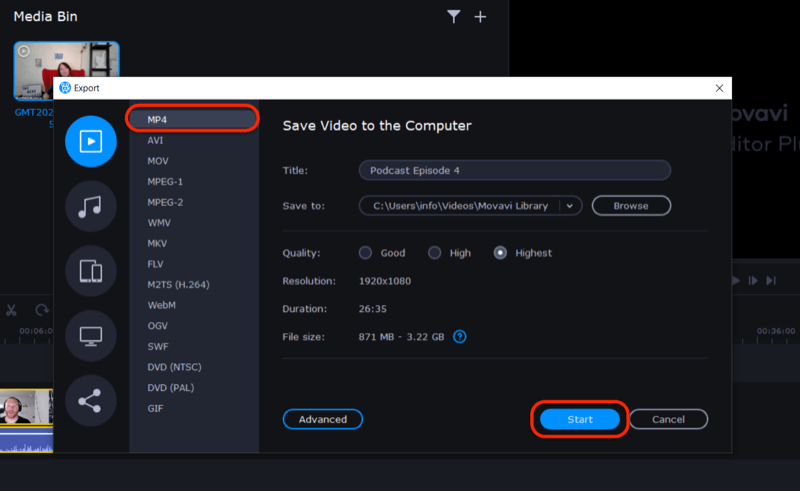 exportera videofil i Movavi Video Editor Plus