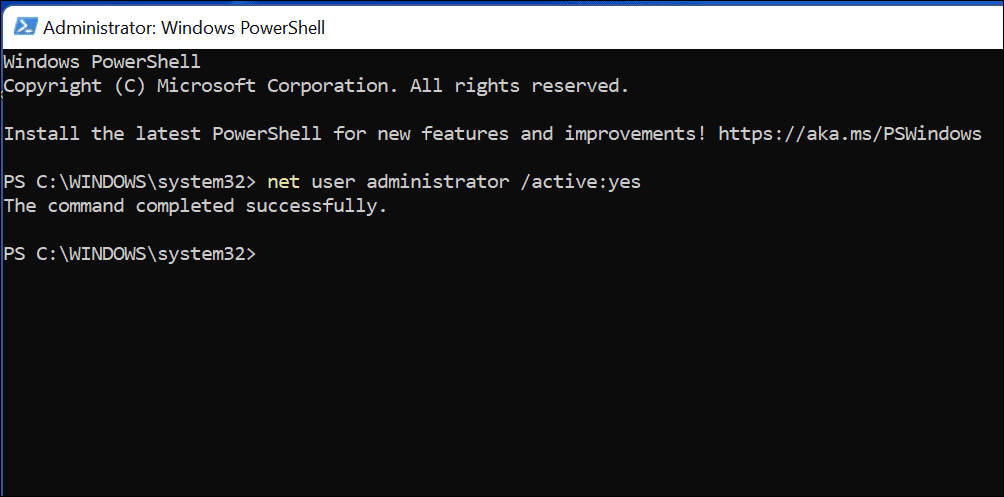 kommando för att aktivera administratörskonto i Windows 11