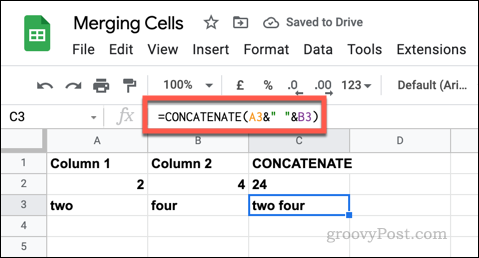 Ett exempel på en CONCATENATE-formel i Google Kalkylark med tomma textsträngar