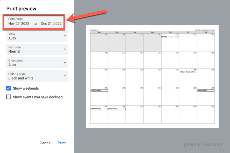 google kalender utskriftsintervall