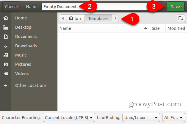 Spara mallfilen för tomt dokument i mappen Mallar i Ubuntu