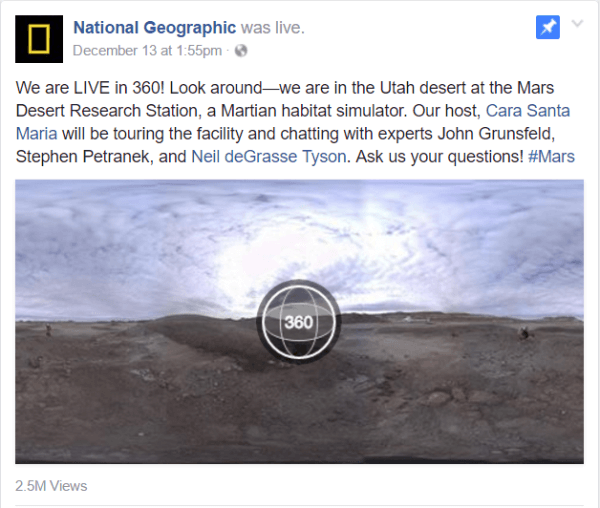Facebook lanserade Live 360-video den här veckan med en National Geographic-rapport från Mars Desert Research Station-anläggningen i Utah.